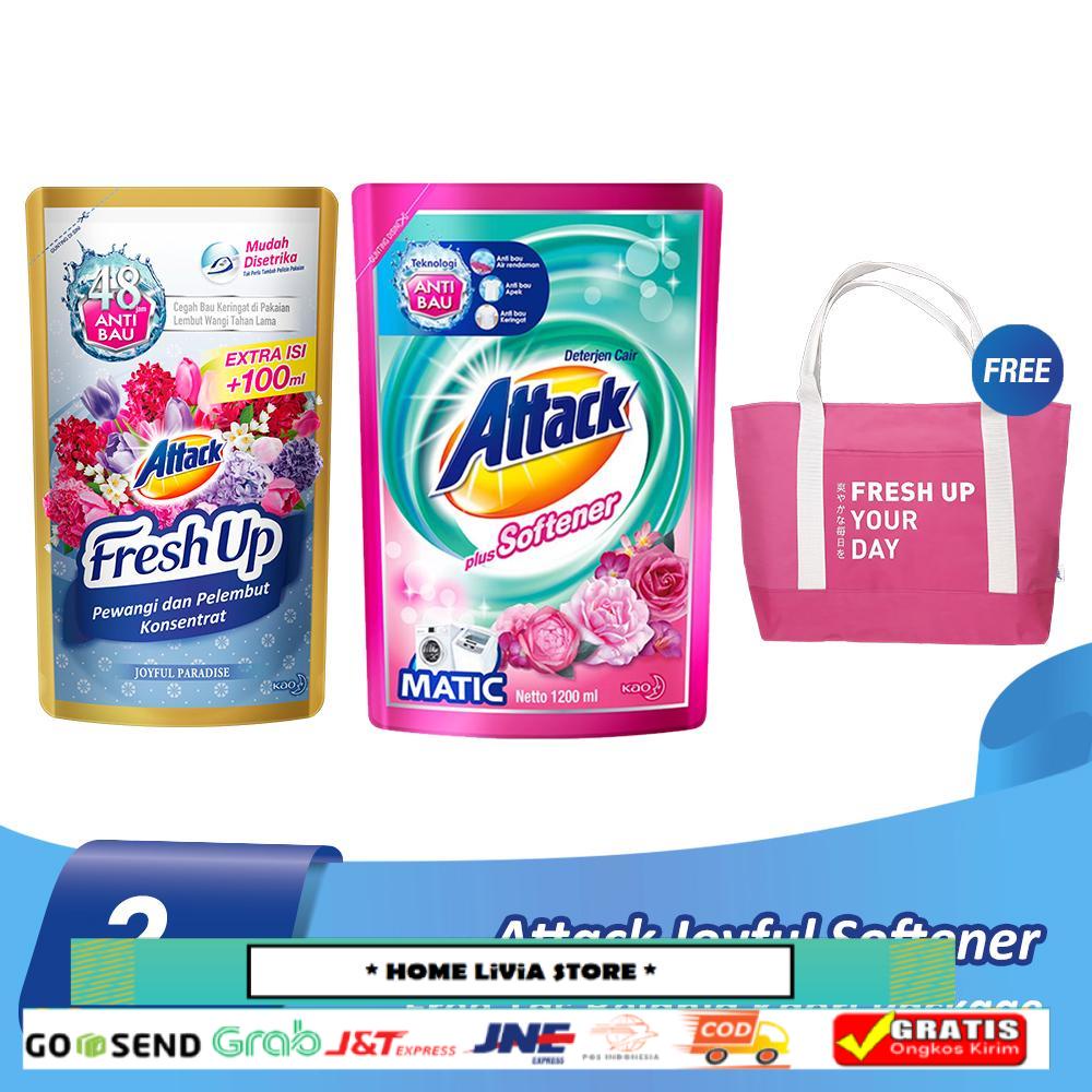Attack Fresh Up Softener Joyful Paradise 680ml + Attack Softener 1200 Free Tas Pink