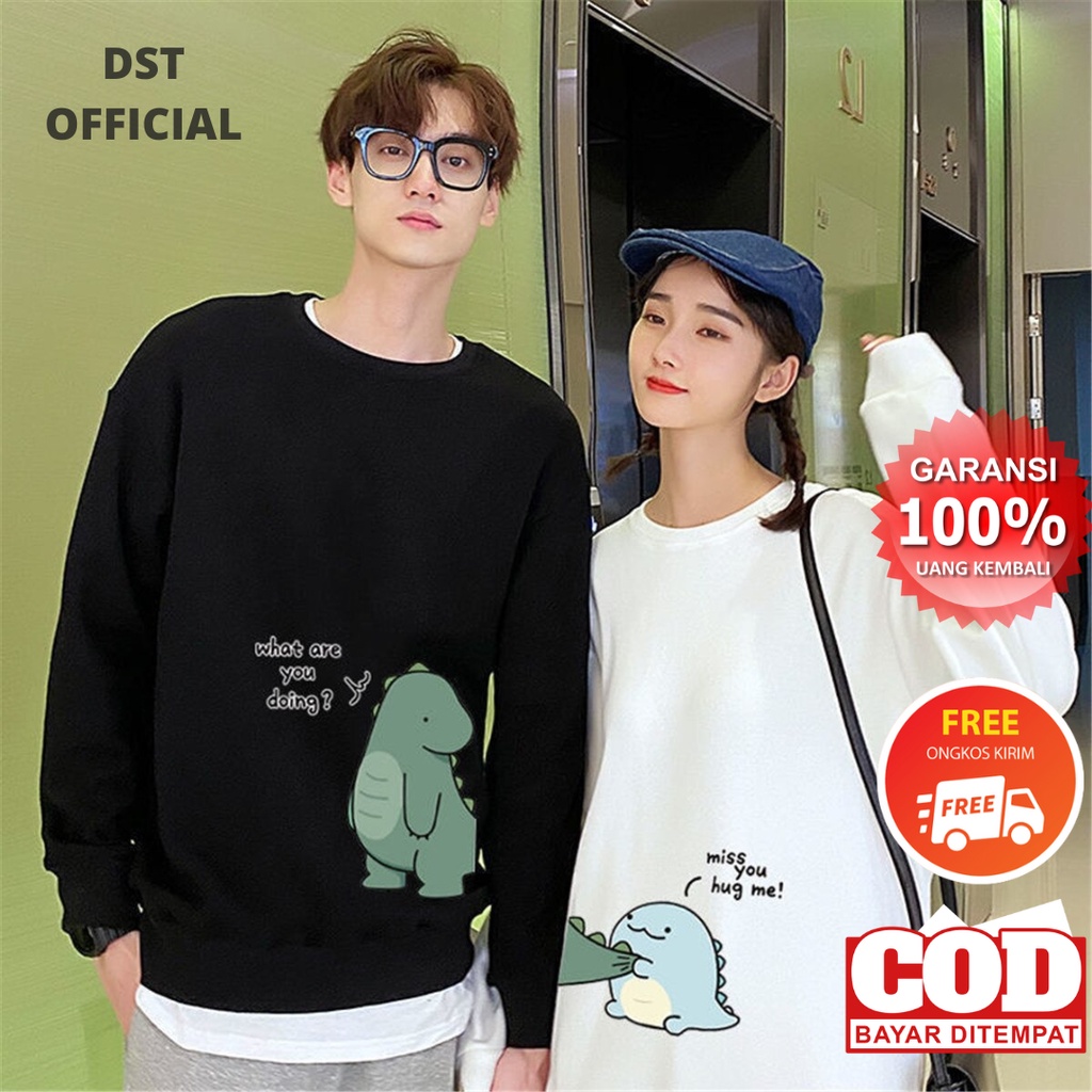 Sweater Couple Pasangan Pria Wanita Switer Sweeter Sweter Couple Cople Desain Dino Warna Hitam Putih