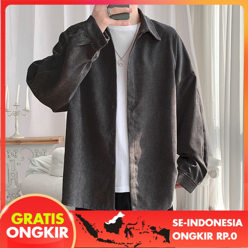 Kemeja Pria Korduroi Vintage Panjang Lengan Korea Tren Kemeja Pemuda Casual