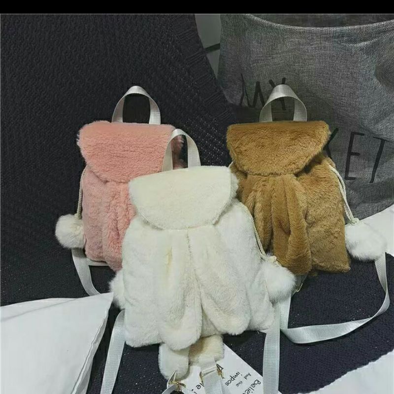 Tas Ransel Wanita Lucu Model Terbaru Pikaboy Ransel Bulu PomPom Tas Bulu Korea style