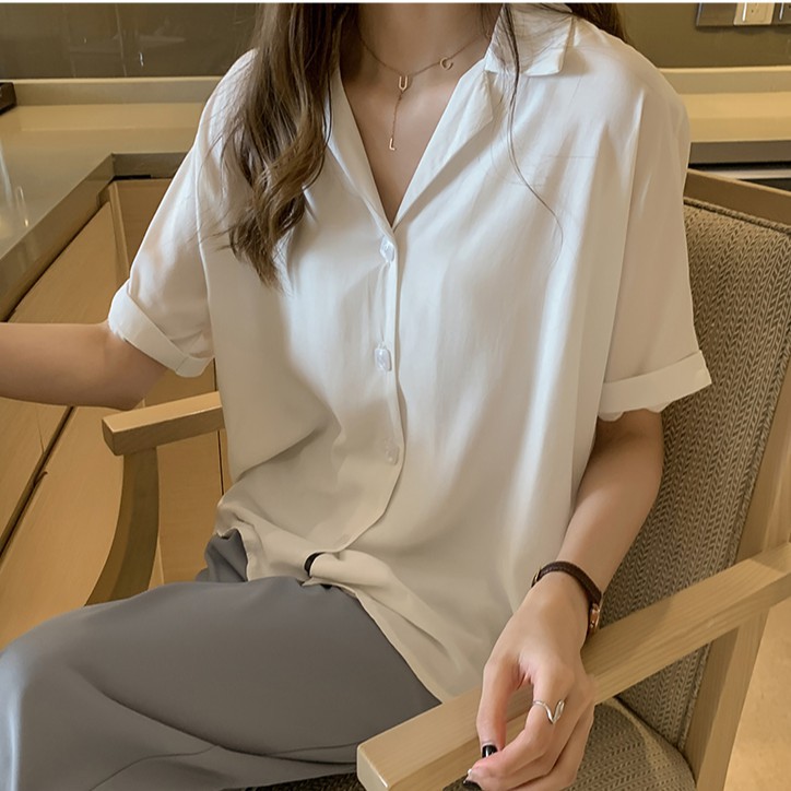 【xiaozhainv】Kemeja wanita gaya baru lengan pendek desain atasan longgar-4
