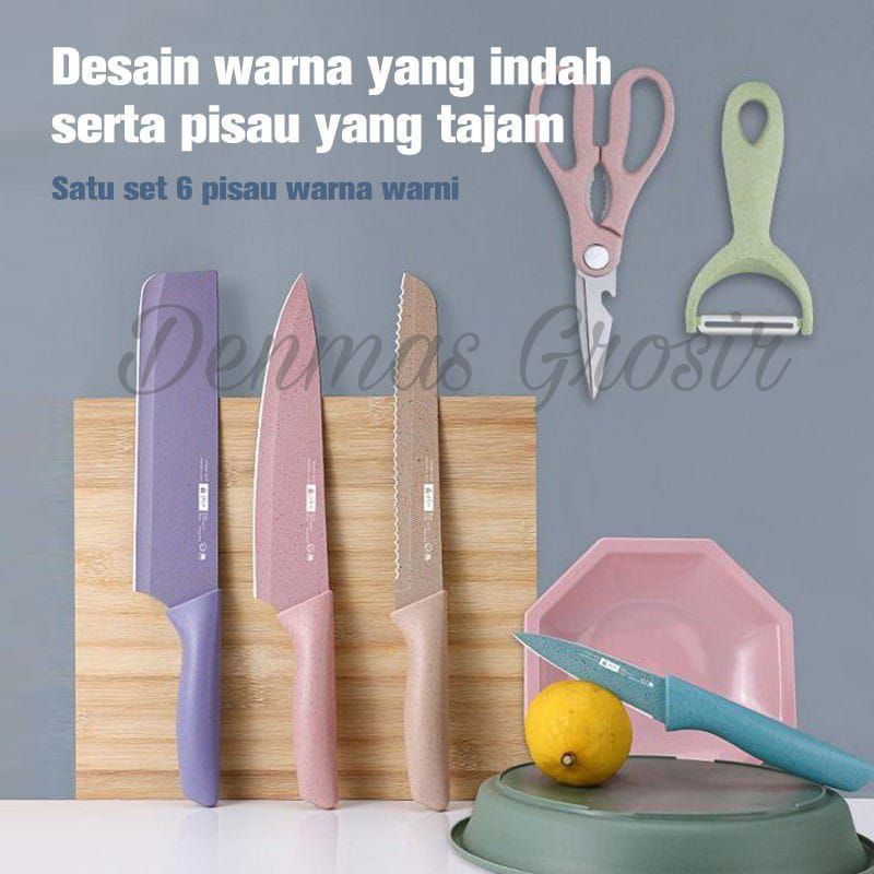 (COD) Pisau Set jerami lengkap 6Pcs / Pisau warna / Pisau Dapur / Pisau Murah