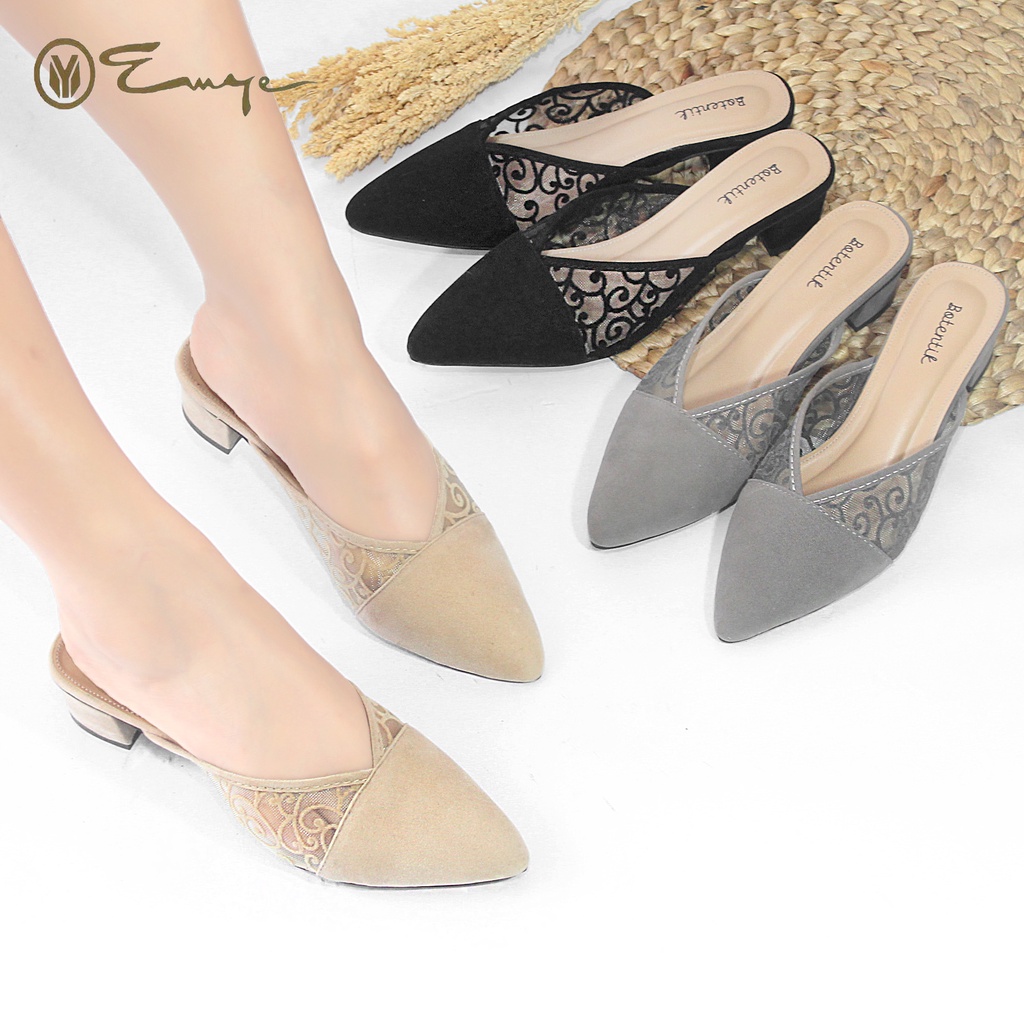 Sandal Pesta Mules Wanita Hak Tahu Brukat Transparan 3cm Emye