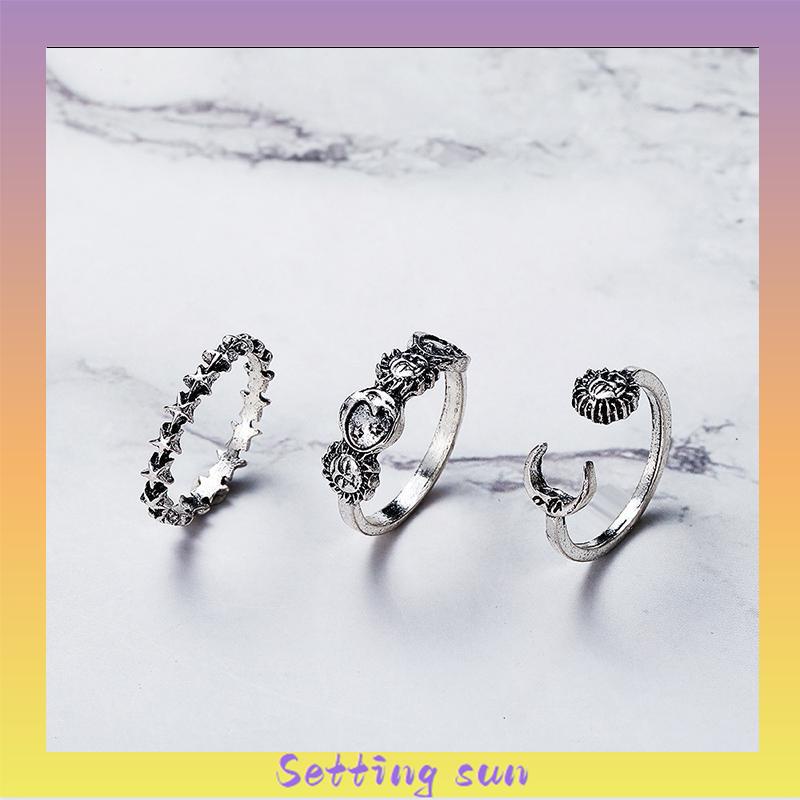 Cincin Gabungan Terbuka Kreatif Retro Star Moon 3-piece Set Cincin TN