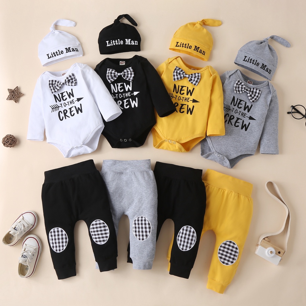JC01 NEW Set  baju jumper dan celana dengan topi  /pakaian romper bayi  motif new to the crew
