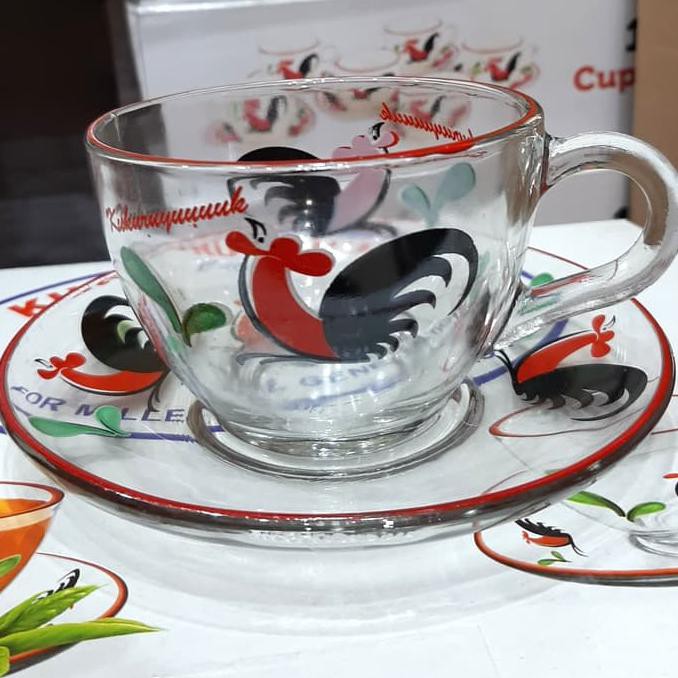 Open Ds] Cangkir Kaca Set Motif Ayam Jago Bening