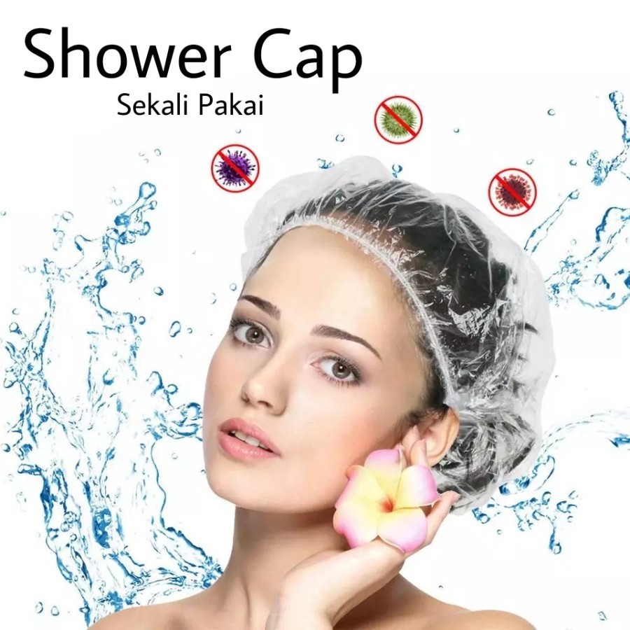 SHOWER CAP PLASTIC ALAT PENUTUP RAMBUT KEPALA TOPI MANDI TRANSPARAN