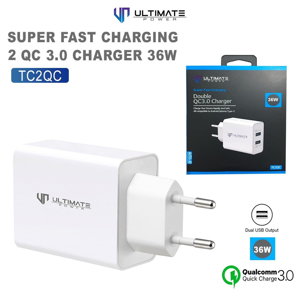 Adapter Charger 36w Original100% Ultimate Power Super Fast Charging Double QC 3.0 Charger 36W