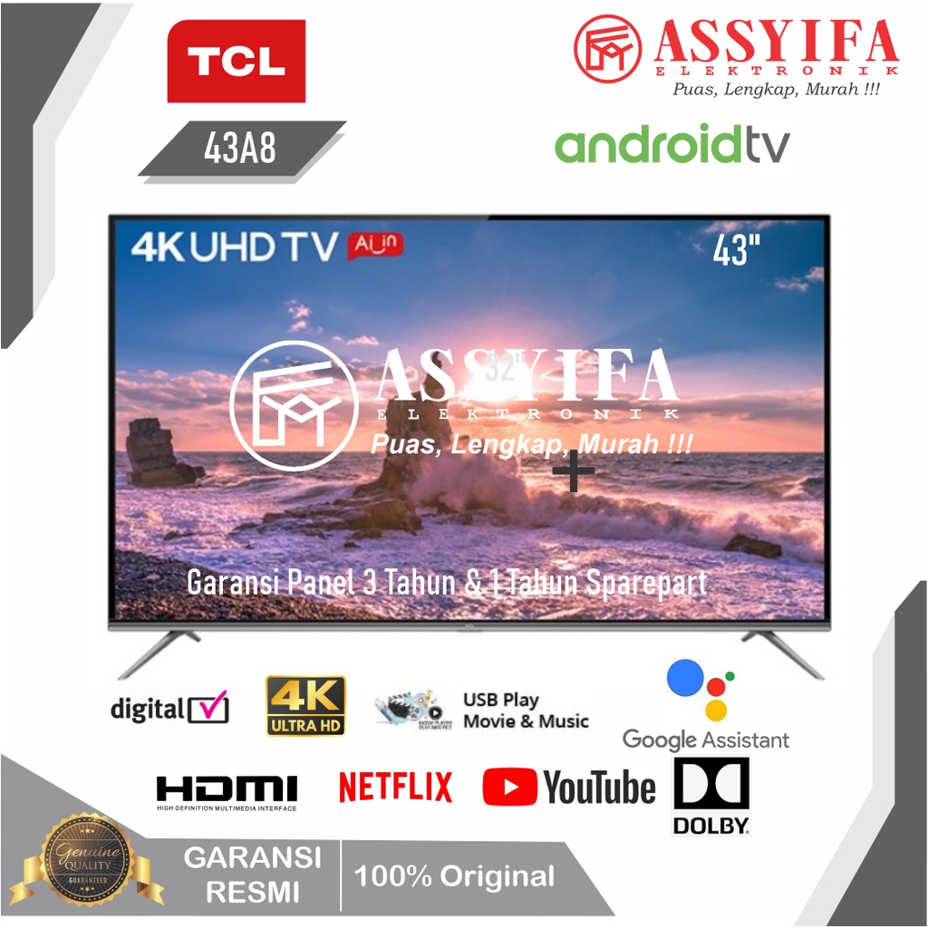 LED TV TCL SMART ANDROID 43 INCH 43 A8 BARU GARANSI RESMI