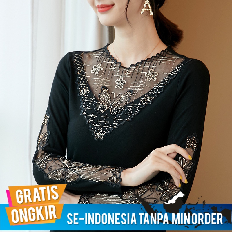 Blus Wanita Korea Top Lanxinge      Lengan Panjang  Katun Rajutan Peregangan UK Besar T-shirt Baju B