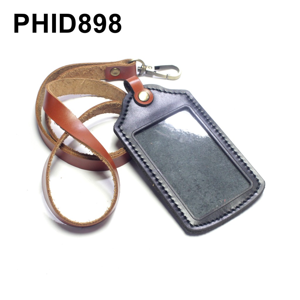 gantungan dompet ID card holder kulit hitam - tali id tan - PHID898