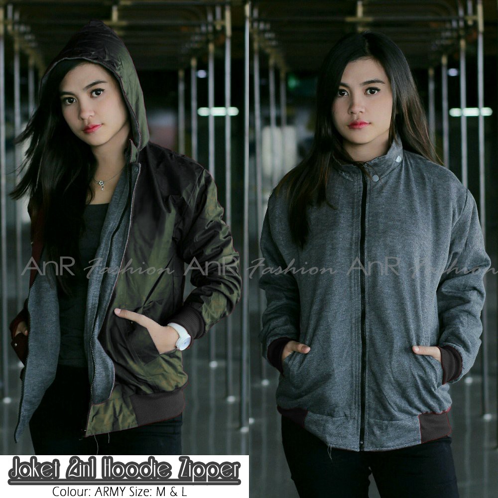 Jaket Bolak Balik 2in1 Bomber Parasut Fleece Hoodie Wanita Murah Kualita- Hitam/Navy/Maroon/Army/Abu