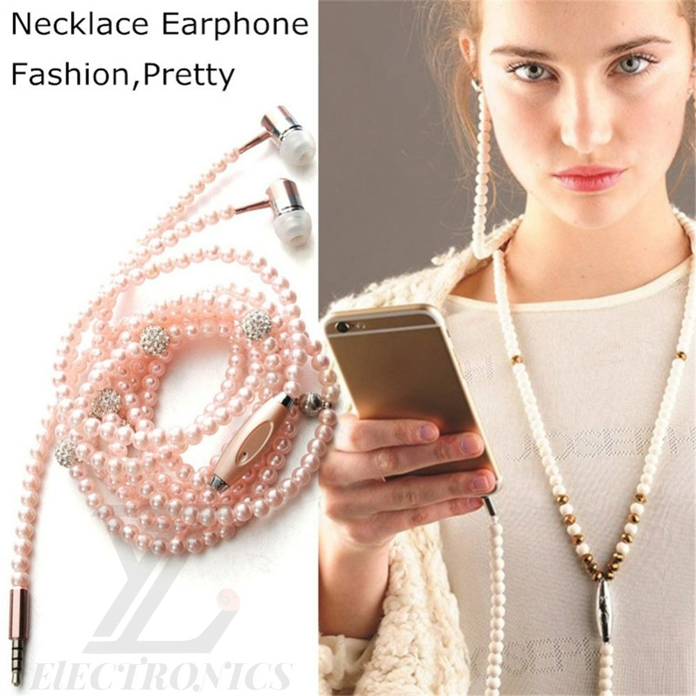 ⚡YZ [COD/Ready]Jewelry Pearl Necklace Earphones W/Mic 3.5mm In-ear Stereo Headphone Headset