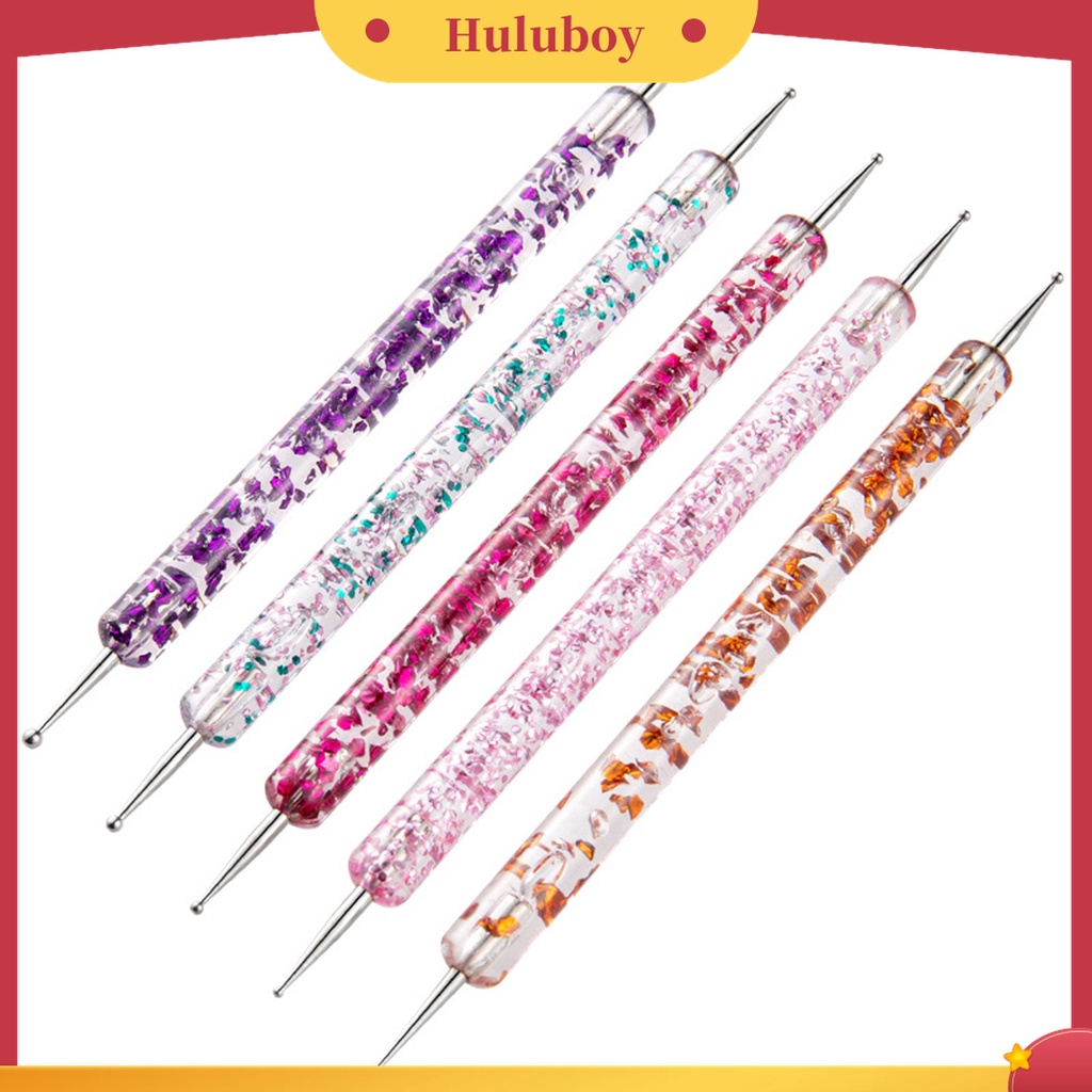 Huluboy Huluboy♡ 5pcs / Set Dotting Pen Kepala Ganda Bahan Akrilik UV Gel Motif Print Bunga Untuk Manicure