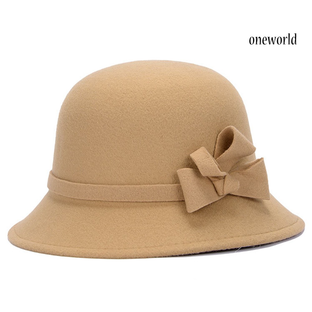 Oneworld Topi Bucket Wanita Bahan Wol Imitasi Aksen Pita Warna Polos Gaya Vintage Untuk Musim Gugur