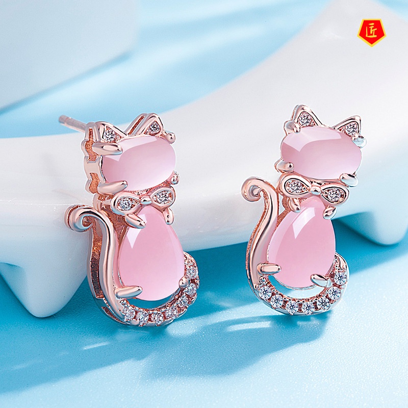 [Ready Stock]Fashion Pink Crystal Ross Quartz Cat Stud Earrings for Women