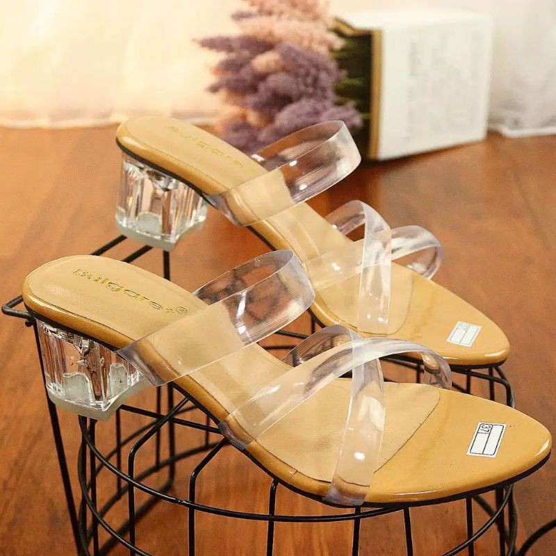 HEELS WANITA HAK KACA TALI SILANG JELLY