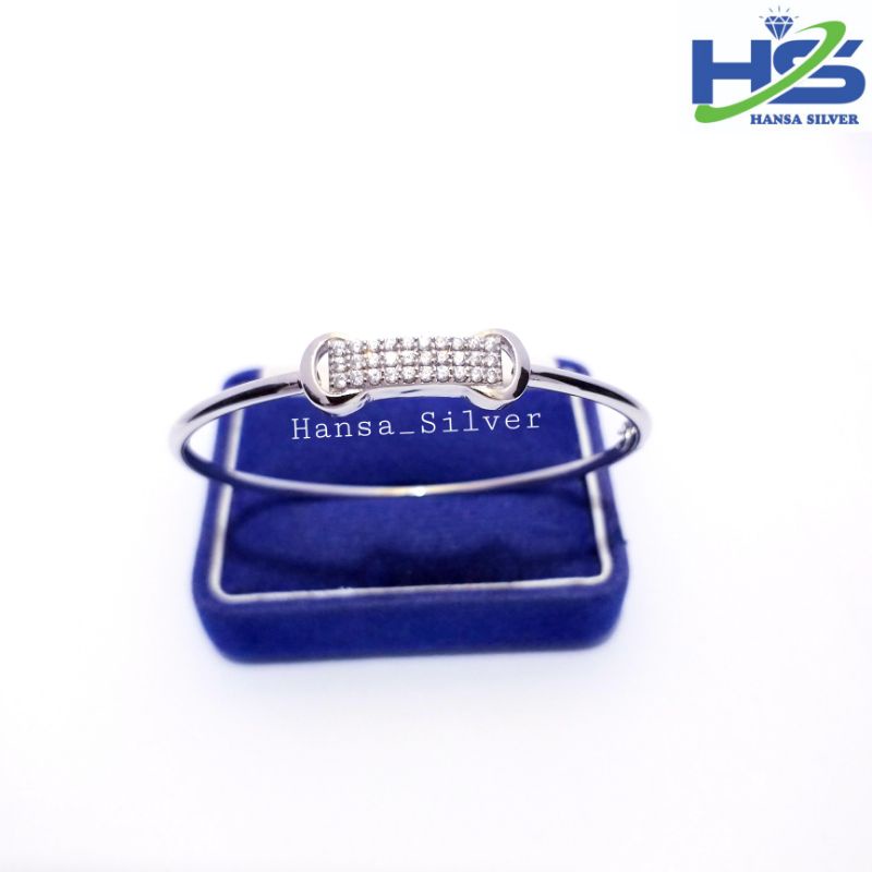 Gelang Tangan Perak Asli Silver 925 Lapis Emas Putih Model Bangle Tiga Baris Permata - Gelang Perak Wanita Anti Karat