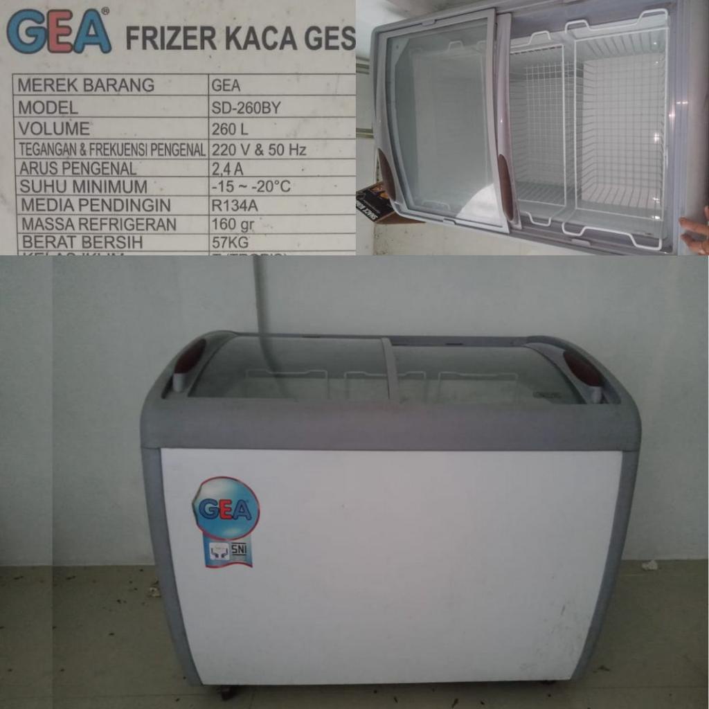 FREEZER FREZER FRIZER GESER GEA SLIDING KACA CEMBUNG SD-260BY SD 260BY SECOND SEKEN SECOND BEKAS 2ND FUNGSI NORMAL LECET PEMAKAIAN SAJA...