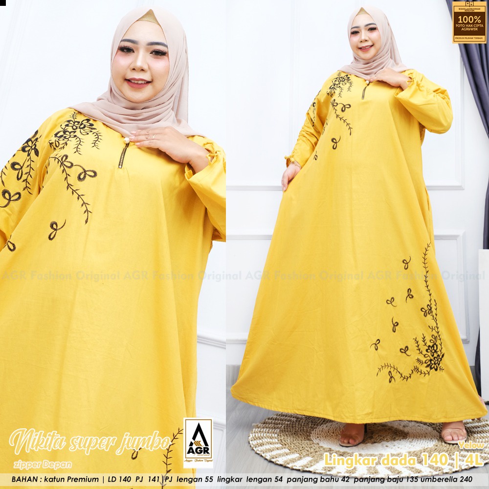 Gamis Jumbo LD 140 Nikita Dress Bahan Katun Premium Size 4L Motif Bordir Bunga Busui