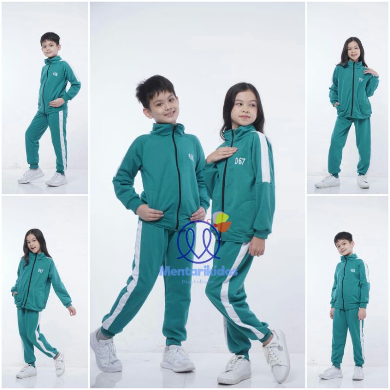 jaket anak squid game satu set sweater anak squid game setelan