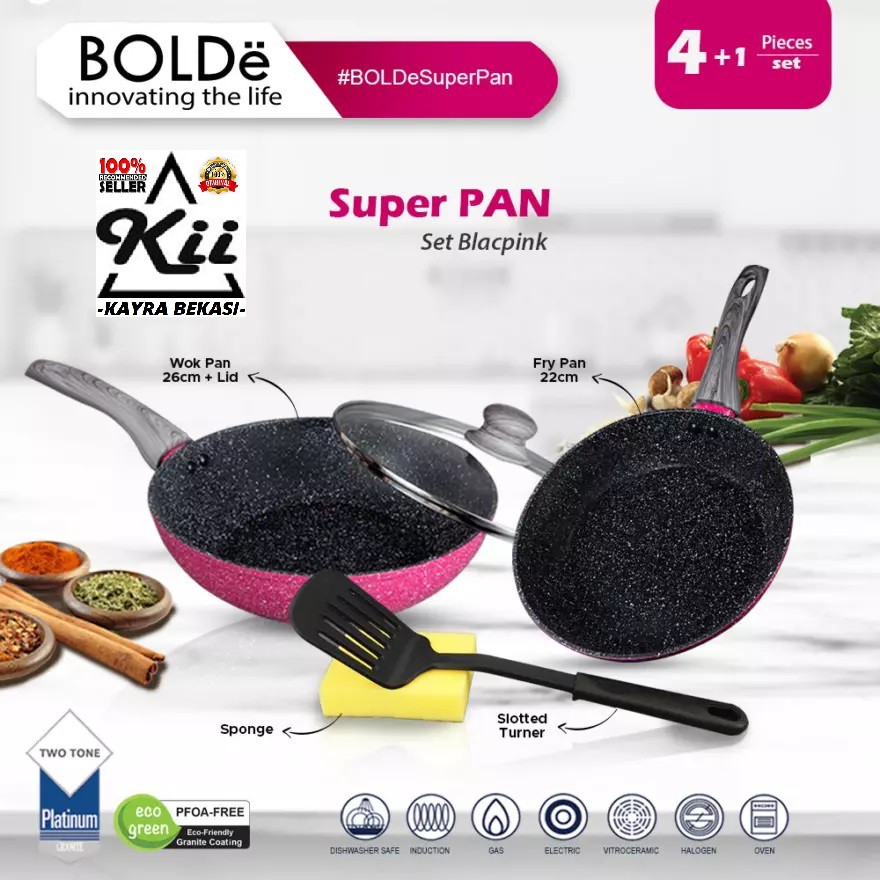 BOLDe Super Pan Black Pink Set 5Pcs - Teflon Wajan Penggorengan Black Pink Set 5pcs