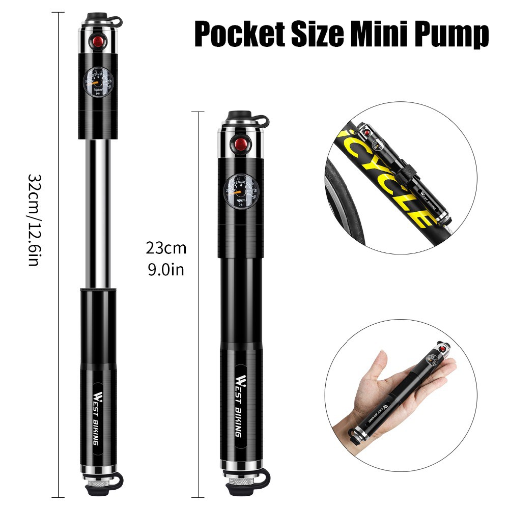 PROMO West Biking Pompa Angin Ban Sepeda Mini Portable 160PSI with Pressure Gauge Barometer - Silver