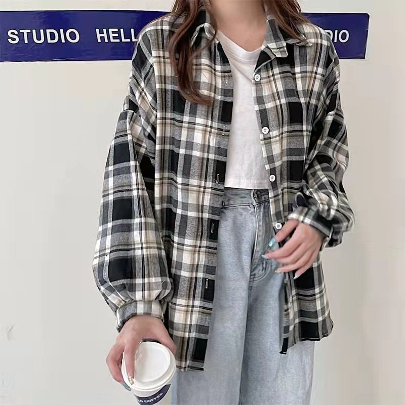 Kemeja Flanel Wanita BB45-70kg Blouse Kotak Kotak Baju Korean Style Wanita Outer Kemeja-76# hitam