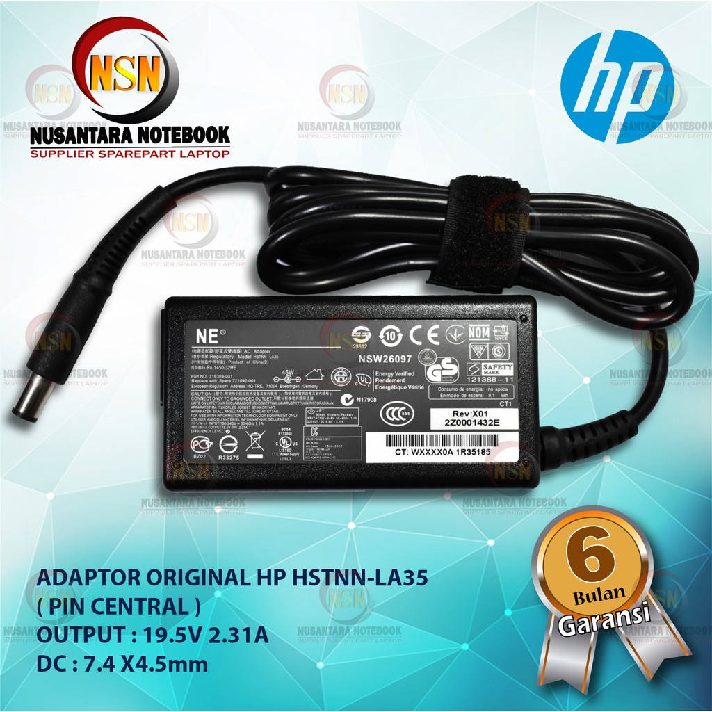 Adaptor Original Laptop HP HSTNN-LA35 PIN CENTRAL 19.5V 2.31A DC 7.4x4.5mm