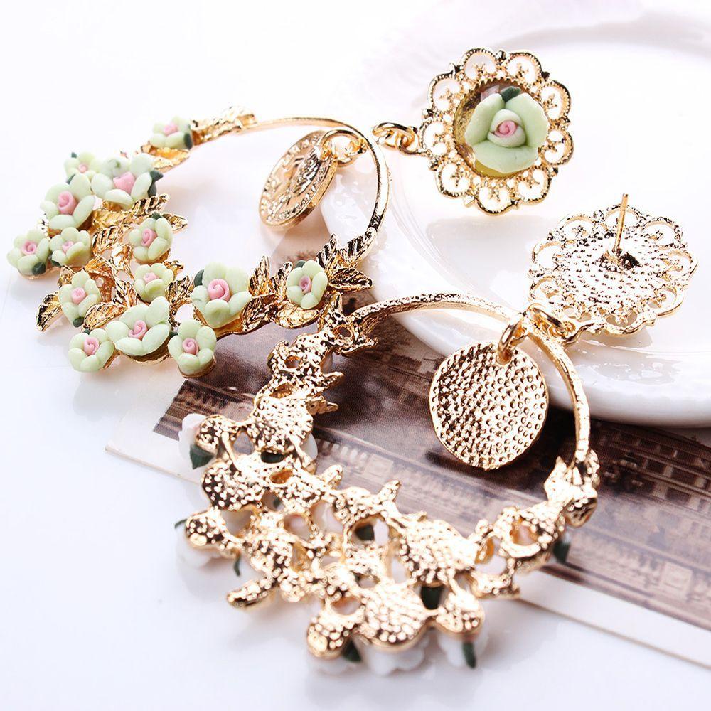 Needway Baroque Earrings Statement Earring Elegan Cantik Untuk Wanita Istana Perhiasan Kepribadian Lingkaran Cincin Retro Vintage Kristal Bunga Cabang