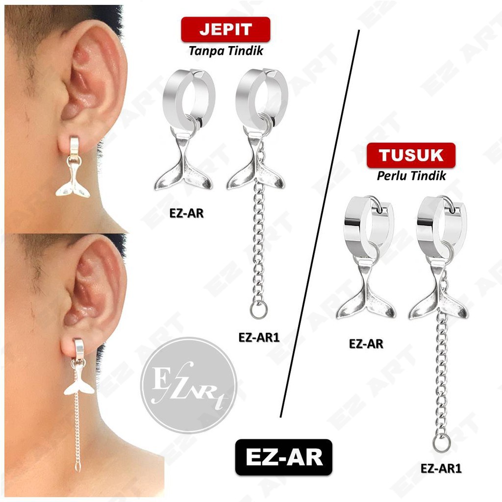 1 Buah EZ-AR Anting Jepit / Tusuk untuk Pria / Wanita Gantungan Ekor Ikan Paus Bahan Stainless Steel