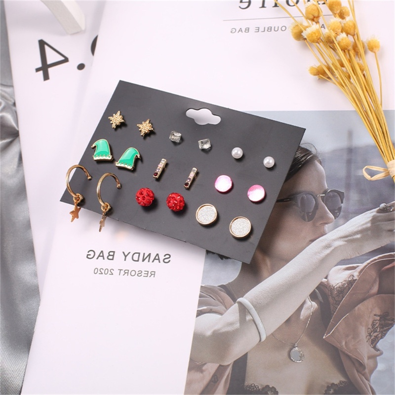 9 Pasang Anting Stud Desain Natal Bahan Alloy Untuk Wanita