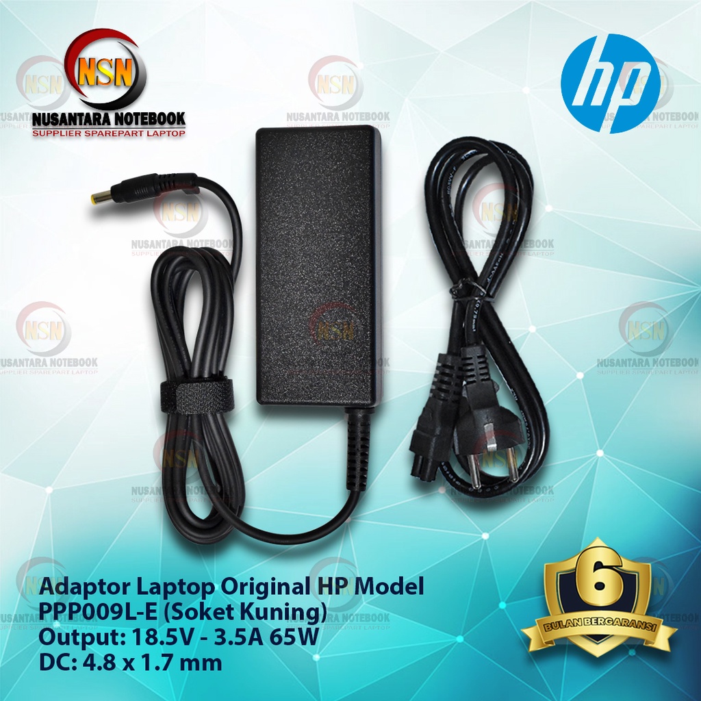 Adaptor Laptop Original HP Model PPP009L-E (Soket Kuning) 18.5V - 3.5A 65W DC: 4.8 x 1.7 mm