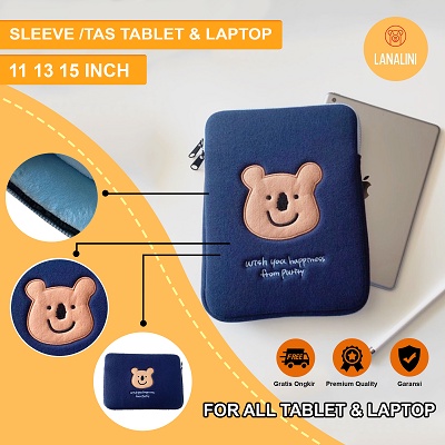 Sleeve Pouch Sarung Tas Bag Case Ipad Tab Tablet Macbook Air Pro Laptop Asus Acer Lenovo HP Huawei 11 12 13 14 15 inch Motif Gambar Koala Bear Beruang Warna Biru Navy Lucu Cute Murah Korean Model