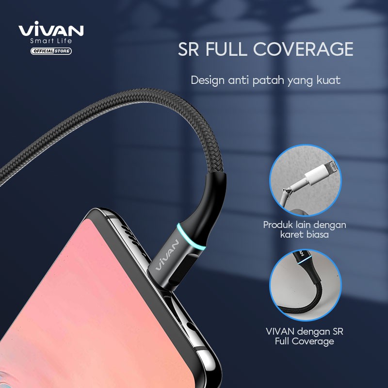 VIVAN Kabel iPhone Lightning 2.4A LED Light Quick Charge 100CM Garansi Resmi 1 Tahun VDL100 ORIGINAL