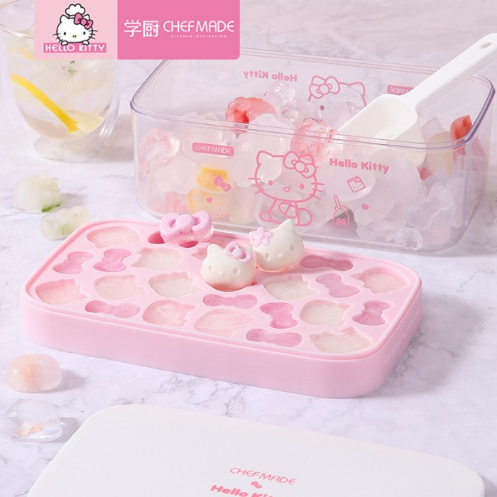 Chefmade KT7110 Kitty Silicone ice cube tray with lid and bin /es batu/ cetakan agar