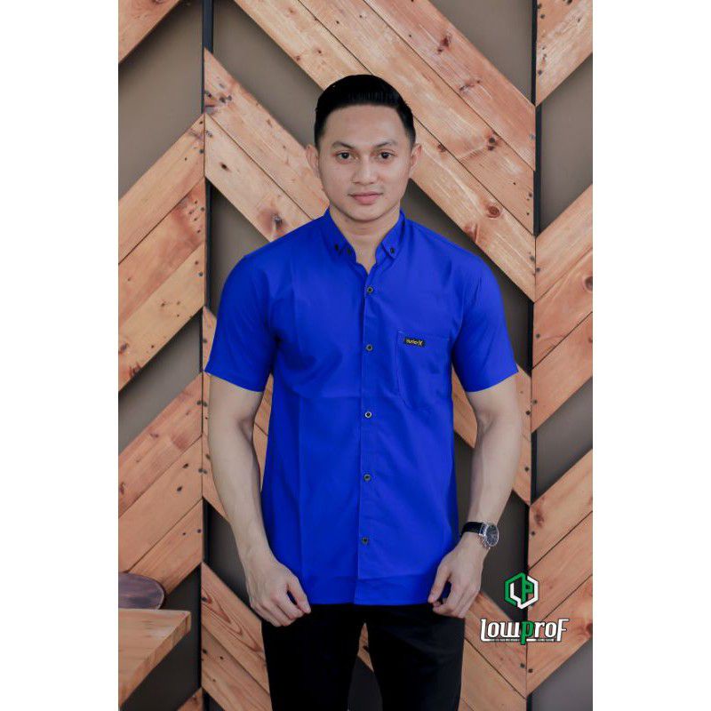 kemeja pria lengan pendek polos biru tua biru bca slimfit premium katun jumbo