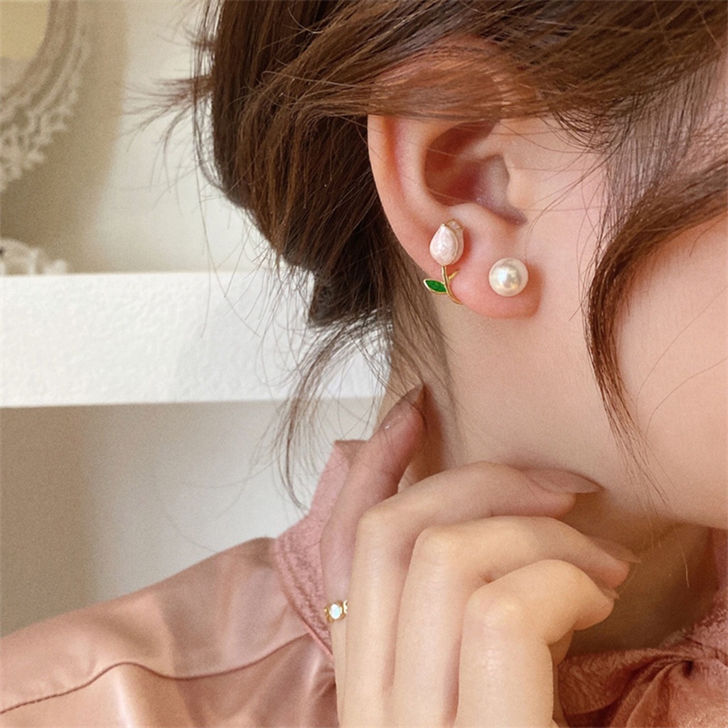 AY(CN) Anting Stud Desain Bunga Tulip Aksen Mutiara Warna Pink Untuk Aksesoris Rambut Wanita