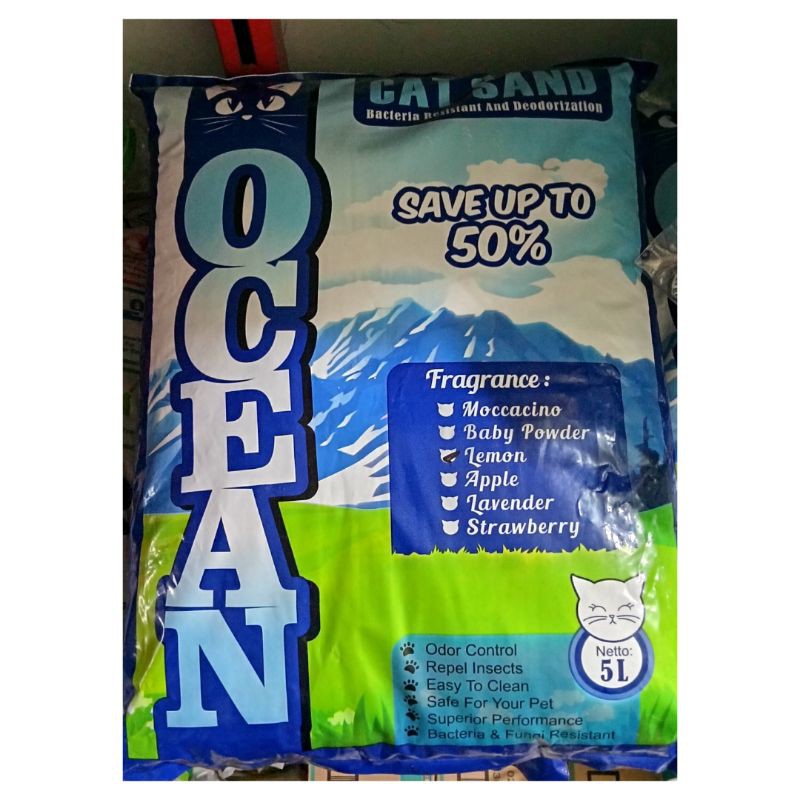 Pasir Wangi Kucing /Cat Litter/ Pasir Gumbal/Pasir Untuk Kotoran Kucing OCEAN 5Liter