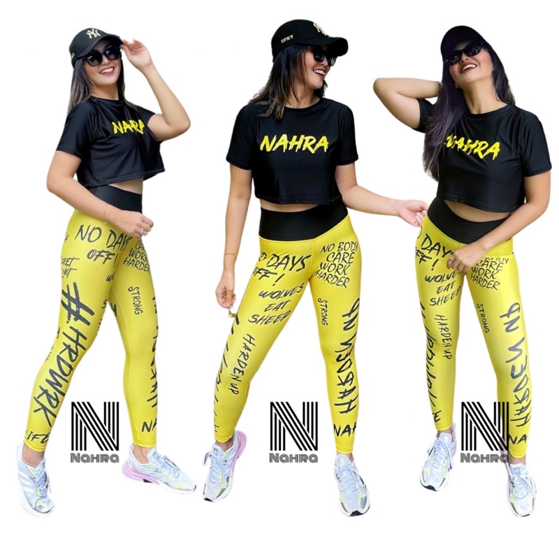 Baju Senam Olahraga Setelan Crop Legging Printing Hrdwrk Legging Kuning / Baju Senam Aerobic Wanita 