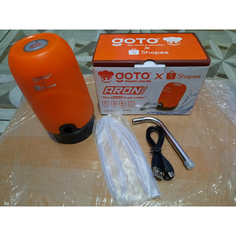 GOTO Aron X Shopee Pompa Galon Elektrik Pencetan Air Minum Otomatis Murah Dispenser Alat Pemompa Kompa Kran Pancuran Galon Bawah Baterai Cas Automatic Water Pump Electric USB Charger Portable Recharge Warna Orange Original Goto Hardware ok