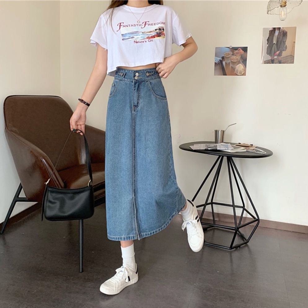 Korean Style Rok Pendek Jeans Wanita /Denim Pinggang Tinggi Rok Panjang