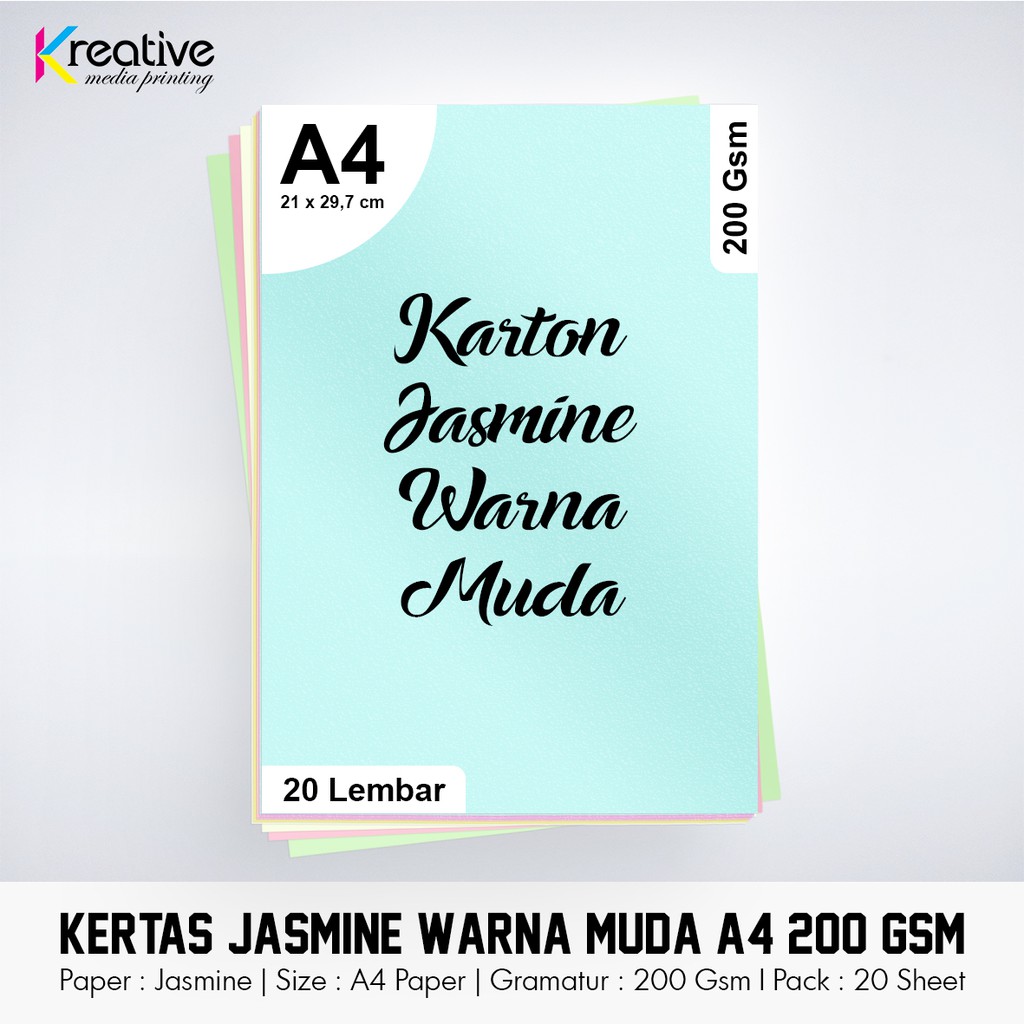 Kertas Jasmine Warna Muda (A4 / 200 Gsm / 1 Pack = 20 lbr)