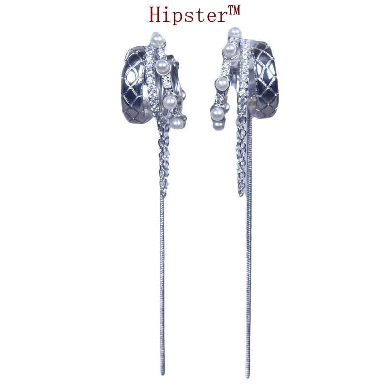 Anting Gantung Panjang Model Rumbai Dengan Mutiara Warna Silver Untuk Wanita