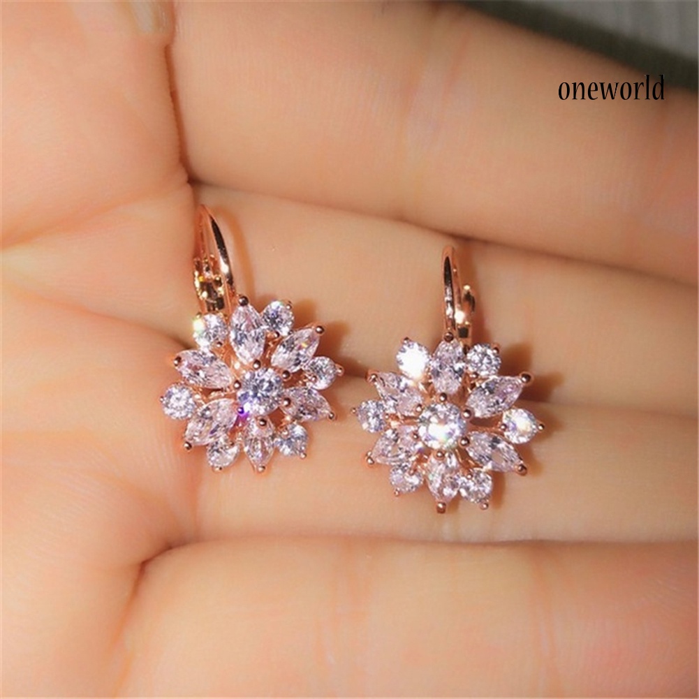 OW# Cubic Zirconia Inlaid Sunflower Dangle Leverback Earrings Chic Lady Jewelry Gift