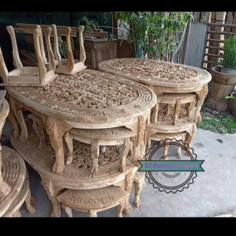 Meja makan model oval ukur jepara - Meja oshin kursi 6 jati mentahan