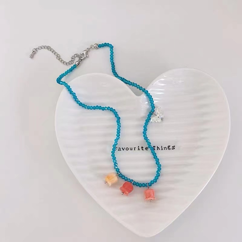 Kalung Manik-Manik Liontin Kupu-Kupu Tulip Warna Biru