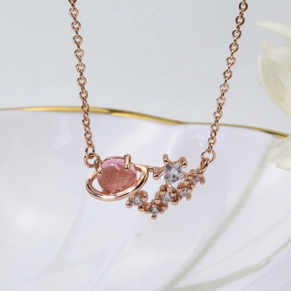 Pink Star Necklaces Pink Crystal Planet Pendant Necklace Women Simple Cute Jewelry Gifts