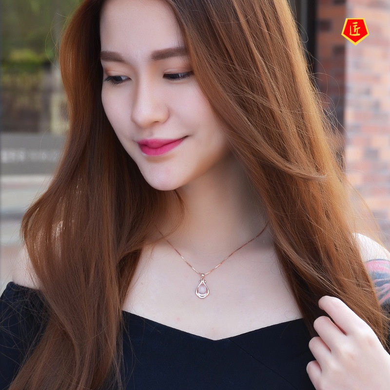 [Ready Stock]Korean Necklace Rose Gold Plated Pink Crystal Women's Pendant Elegant Fashion