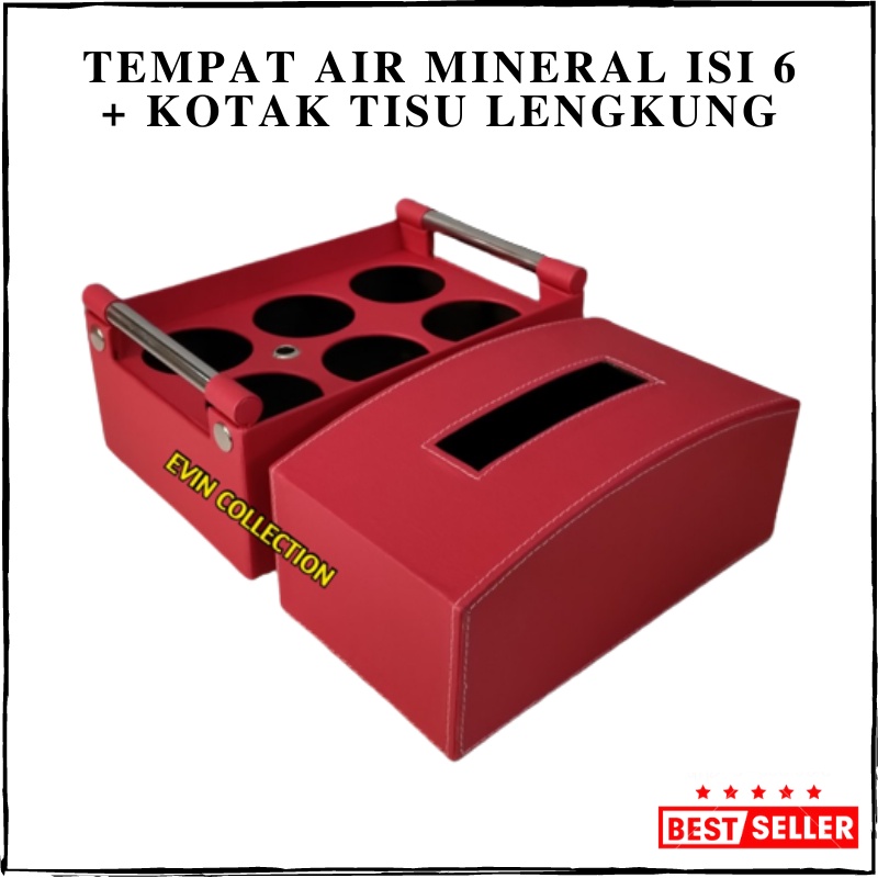 Tempat Aqua Gelas Isi 6 Cup + Kotak Tisu Lengkung Kulit Sintetis Keranjang Air Mineral Tempat Tissue